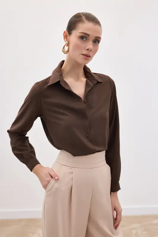 Düz Klasik Gömlek - Kahve-KAHVE - 3