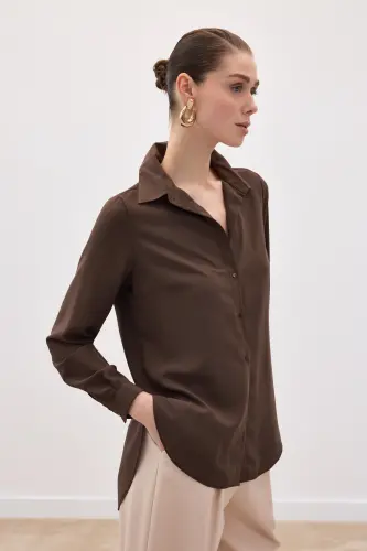Düz Klasik Gömlek - Kahve-KAHVE - 4