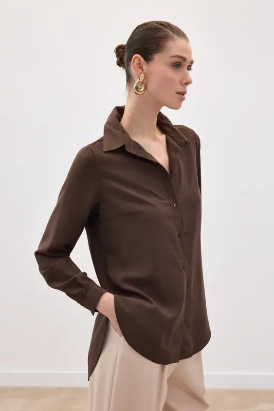Düz Klasik Gömlek - Kahve-KAHVE - 4
