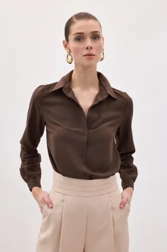 Düz Klasik Gömlek - Kahve-KAHVE - 5