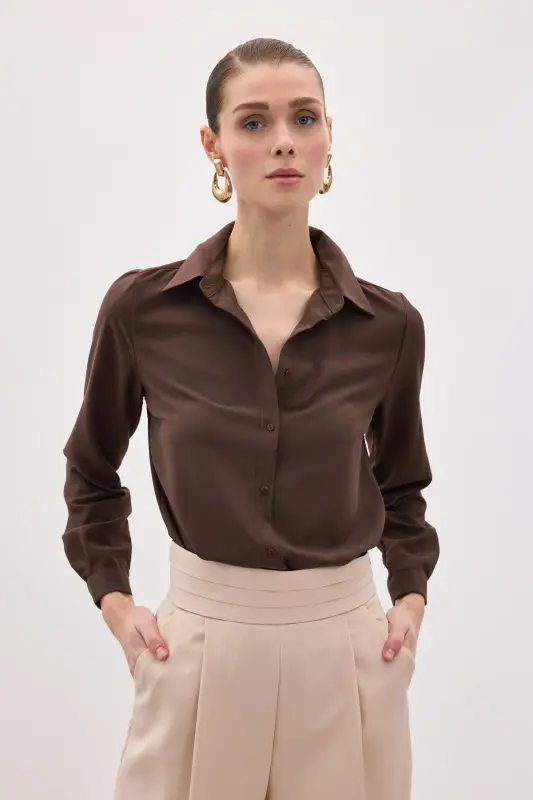 Düz Klasik Gömlek - Kahve-KAHVE - 5