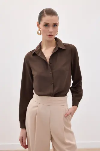Düz Klasik Gömlek - Kahve-KAHVE - 6