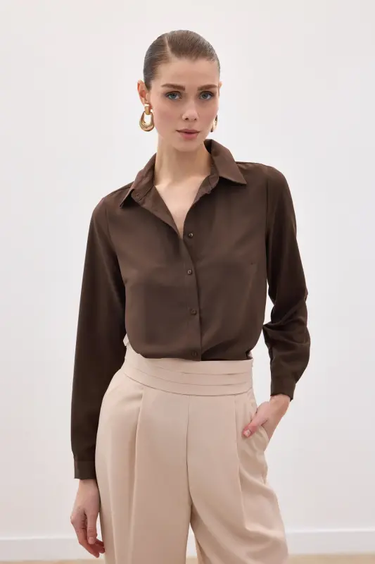 Düz Klasik Gömlek - Kahve-KAHVE - 6