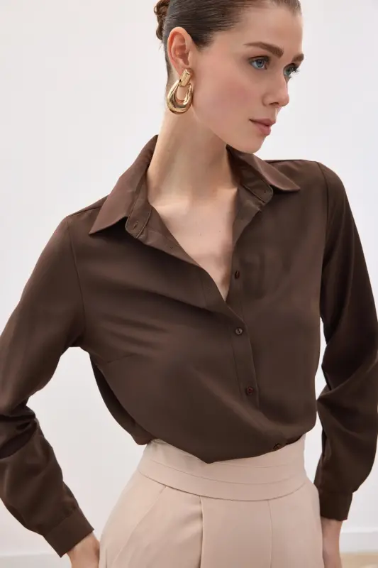 Düz Klasik Gömlek - Kahve-KAHVE - 7
