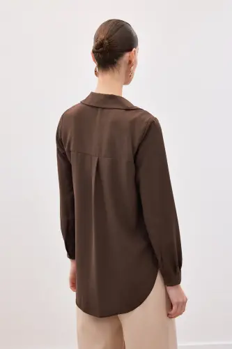 Düz Klasik Gömlek - Kahve-KAHVE - 8