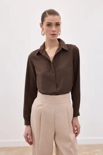 Düz Klasik Gömlek - Kahve-KAHVE - SATEEN (1)