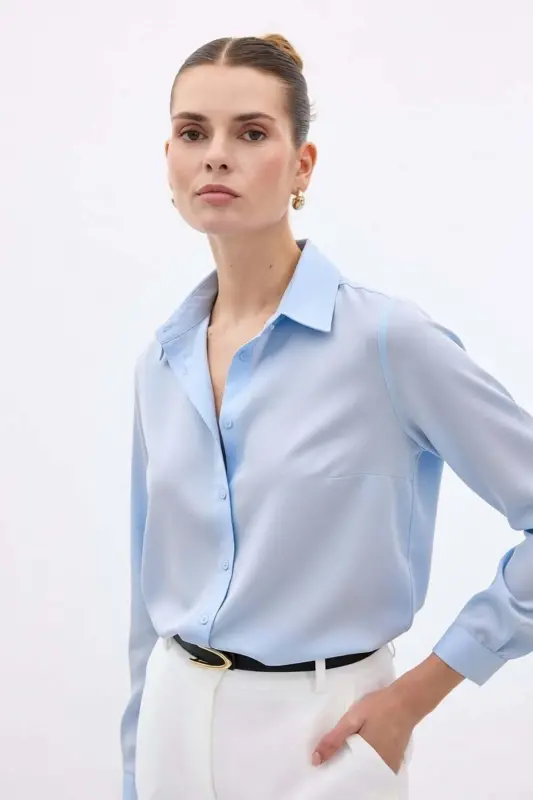 Düz Klasik Gömlek - Mavi-Mavi - 1