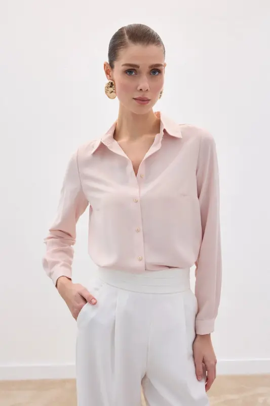Düz Klasik Gömlek - Pudra-Pudra - 4