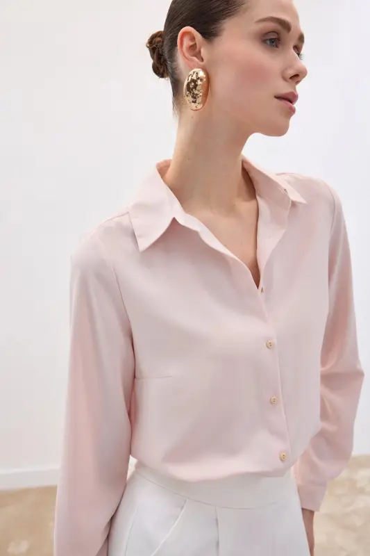 Düz Klasik Gömlek - Pudra-Pudra - 6