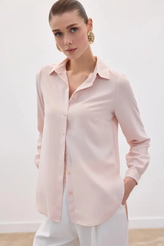 Düz Klasik Gömlek - Pudra-Pudra - 5