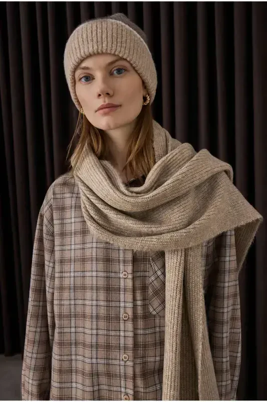 Düz Örgü Atkı Açık Vizon-vizon - 2