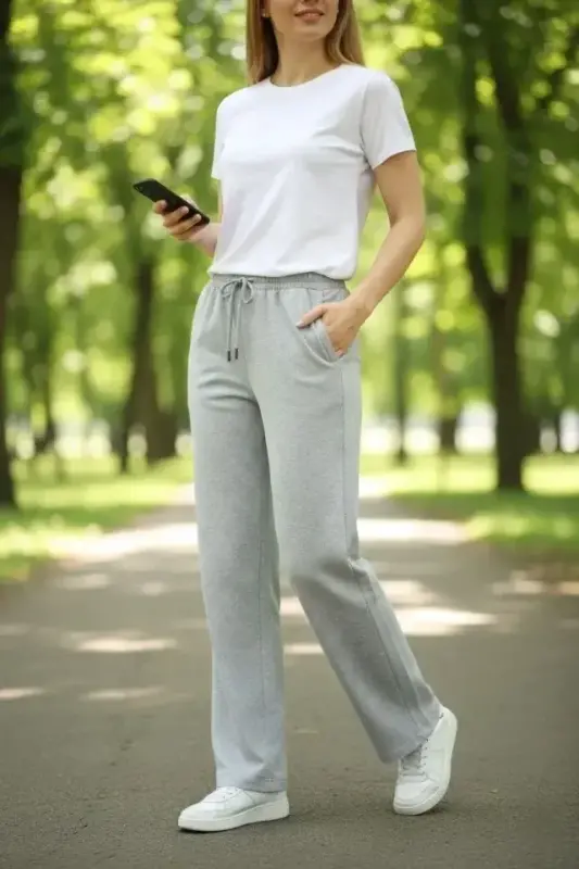 Düz Paça Beli Lastikli İpli Günlük Spor Eşofman Altı Rahat Fit - Gri - 2