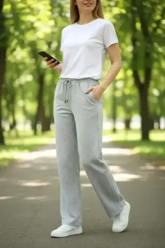 Düz Paça Beli Lastikli İpli Günlük Spor Eşofman Altı Rahat Fit - Gri - BÜYÜKBEDENIZ (1)