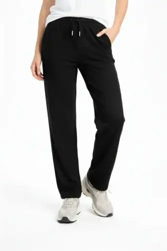 Düz Paça Beli Lastikli İpli Günlük Spor Eşofman Altı Rahat Fit - Siyah - 1