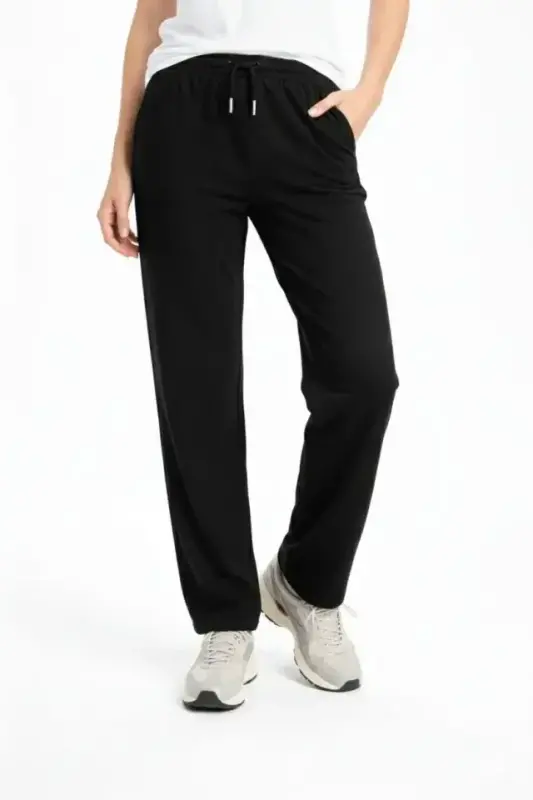 Düz Paça Beli Lastikli İpli Günlük Spor Eşofman Altı Rahat Fit - Siyah - 1