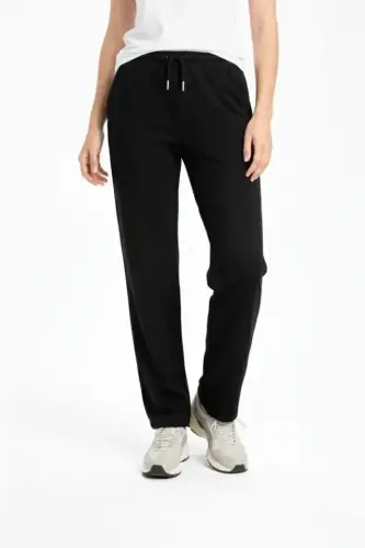 Düz Paça Beli Lastikli İpli Günlük Spor Eşofman Altı Rahat Fit - Siyah - 2