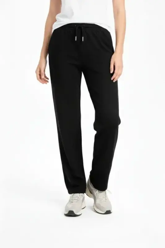 Düz Paça Beli Lastikli İpli Günlük Spor Eşofman Altı Rahat Fit - Siyah - 2