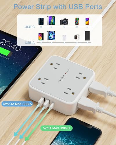 Düz Priz Uzatma Kablosu Düz Fişli Çoklu Priz, 8 AC Priz, 3 USB Şarj Cihazı (1 USB C Bağlantı Noktası) 3 Taraflı Priz Uzatıcı, 5 Ft, 900 Joule Koruma, Ofis Malzemeleri, Yurt Odası Temel Gereksinimleri, Gri - 5