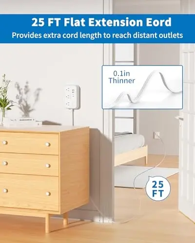Flat Extension Cord 25 ft, NTONPOWER Power Strip with 6 Outlets 4 USB Ports(2 USB C),Flat Plug, Multiple Outlets, Mounted, Outlet Extender, Overload Protection for Indoor, Home, Office - 2