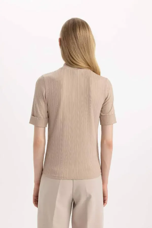 Regular Fit Yarım Balıkçı Yaka Fitilli Kaşkorse Kısa Kollu Tişört-Taş - 6