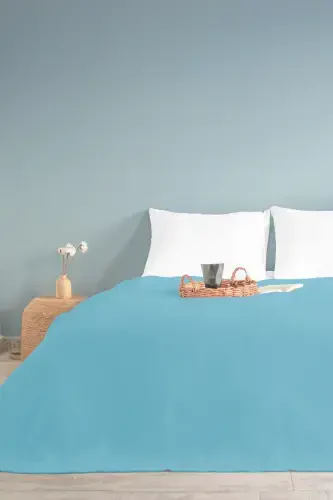 Двуспальное синее вафельное покрывало в клетку, клетчатое гостиничное покрывало 200x230-СИНИЙ - 1