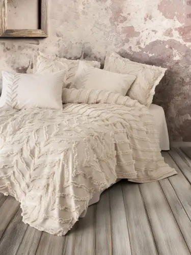 Двуспальный комплект постельного белья с покрывалом Cotton Box Ranforce Limi Crimp бежевый - 1