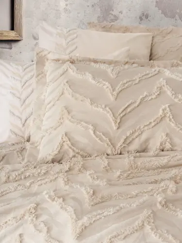 Двуспальный комплект постельного белья с покрывалом Cotton Box Ranforce Limi Crimp бежевый - NEVRESIMDUNYASI (1)