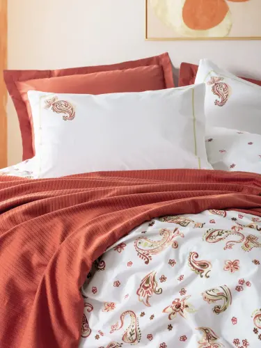 Двуспальный комплект постельного белья с покрывалом Cotton Box Vivid Paisia корица - NEVRESIMDUNYASI (1)