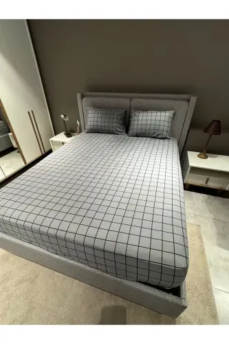 Двуспальный комплект постельного белья Welsoft Puffy (с простыней на резинке) Дымно-серый квадрат - 4