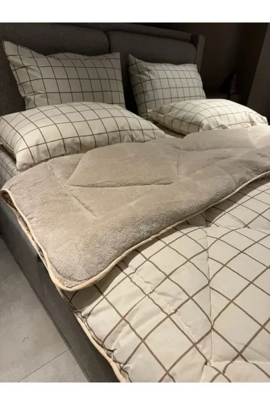 Двуспальный пушистый спальный комплект Welsoft (С ЭЛАСТИЧНОЙ ПРОСТЫНЬЮ) Кремовый Квадрат - 7