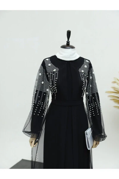 Двухчастный комплект абайи с рукавами, украшенными жемчужными камнями - 15