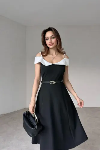 Двухцветное миди-платье с поясом-BOBROSS ЧЕРНЫЙ - ALFUDO MODA COLLECTION (1)