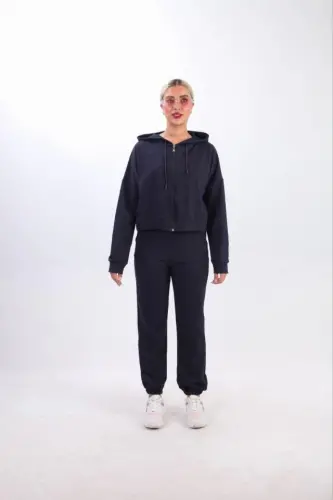 Двухниточный комплект с укороченной толстовкой на молнии с капюшоном в стиле oversize - темно-синий - BÜYÜKBEDENIZ (1)