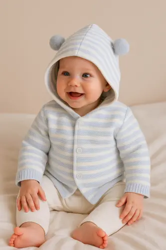 Двухслойный трикотажный кардиган с капюшоном для младенцев. - 4