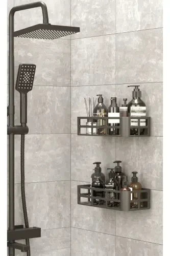 Двухуровневая настенная полка для ванной с клеем, шампунь, мыло, гель для душа (PR) - LIUWA (1)