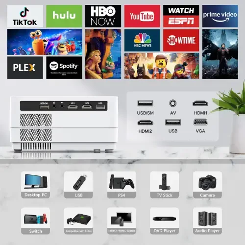 Dxyiitoo 12000LM 4K Поддержка Настоящий 1080P HD Проектор с Wi-Fi и Bluetooth, Кинопроектор для наружного кино, ЖК-технология 300-дюймовый дисплейный проектор Домашний кинотеатр (проектор со штативом) - 2