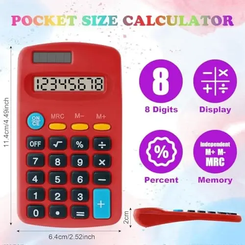 Dyrfolm 20 Pack cho'ntak kalkulyatori, mini kalkulyatorlar, cho'ntak o'lchamli asosiy kalkulyatorlar, quyosh batareyasi ikki quvvatli stol kalkulyatorlari, talabalar uchun 8 xonali displeyli asosiy kalkulyator bolalar uy ofisi (ko'p rangli) - 3