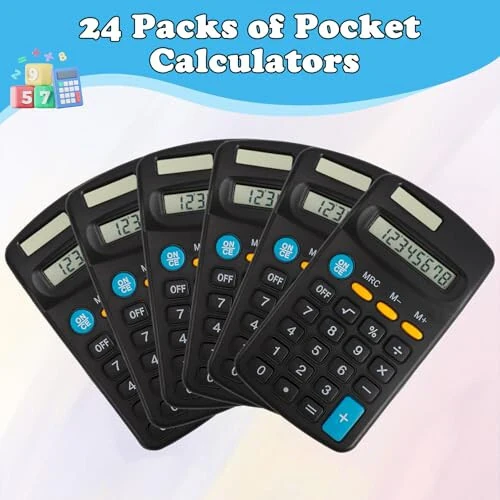 Dyrfolm 24 Pack Pocket Calculator - Mini, Solar Battery Dual Power Desktop Calculators, 8 Digit Display Basic Calculator for Students, Kids, Home, Office (Black) - DYRFOLM (1)