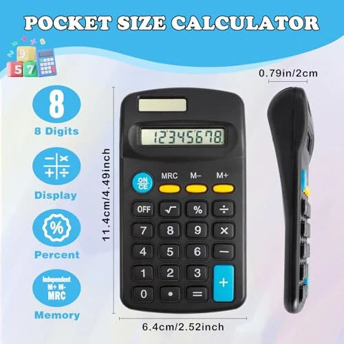 Dyrfolm 24 Pack Pocket Calculator - Mini, Solar Battery Dual Power Desktop Calculators, 8 Digit Display Basic Calculator for Students, Kids, Home, Office (Black) - 3