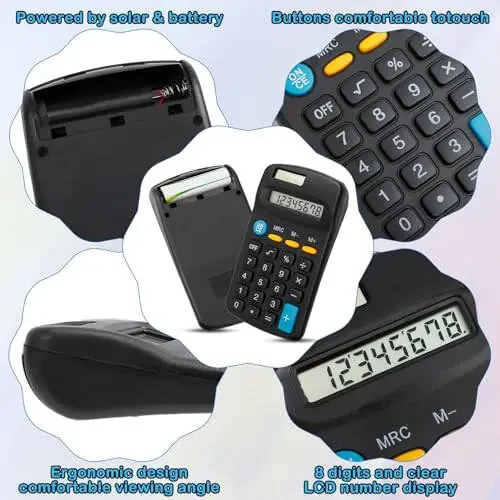 Dyrfolm 24 Pack Pocket Calculator - Mini, Solar Battery Dual Power Desktop Calculators, 8 Digit Display Basic Calculator for Students, Kids, Home, Office (Black) - 4