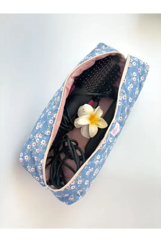 Dyson Compatible All Parts Bag Straightener Bag Large Makeup Bag XXL-Blue Floral - 2