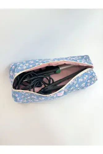Dyson Compatible All Parts Bag Straightener Bag Large Makeup Bag XXL-Blue Floral - 6