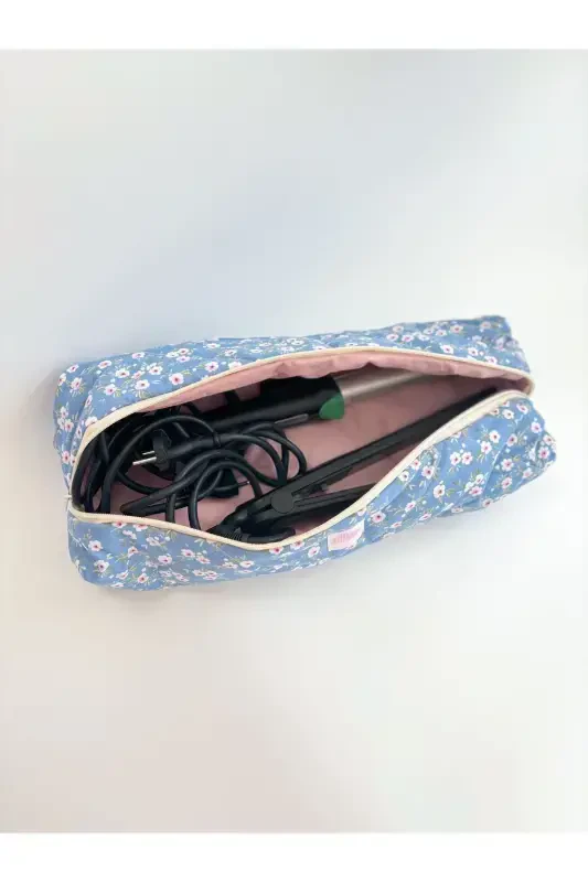Dyson Compatible All Parts Bag Straightener Bag Large Makeup Bag XXL-Blue Floral - 6