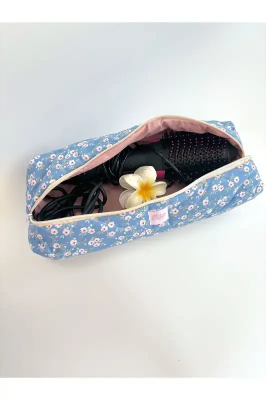 Dyson Compatible All Parts Bag Straightener Bag Large Makeup Bag XXL-Blue Floral - 8