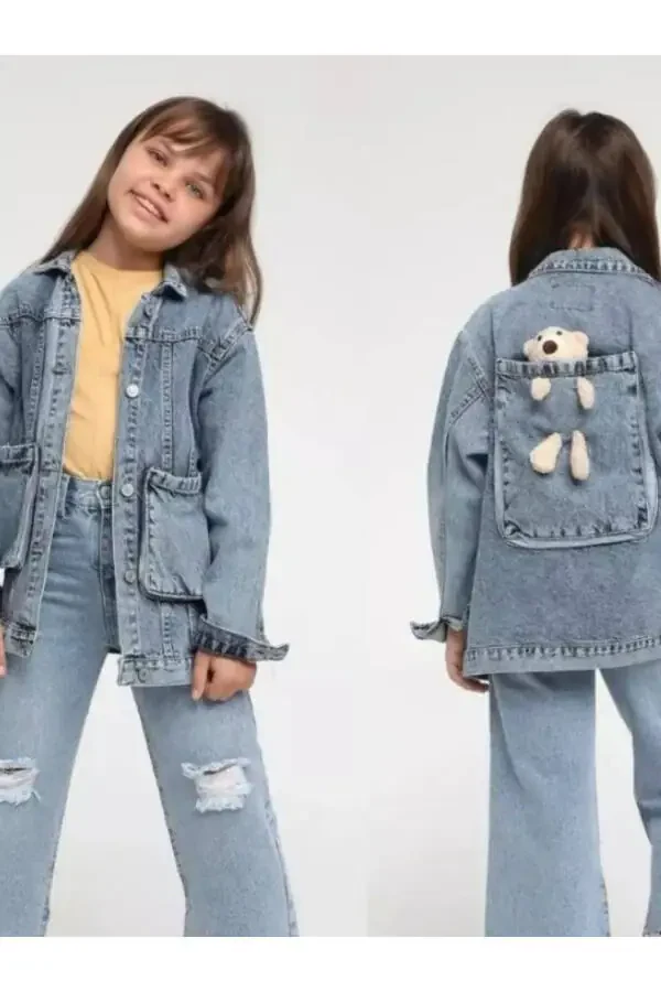 Джинсовая куртка для девочек с медведем - 1
