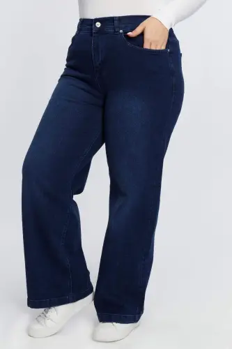 Джинсы больших размеров с широкими штанинами на резинке, темно-синие - 3