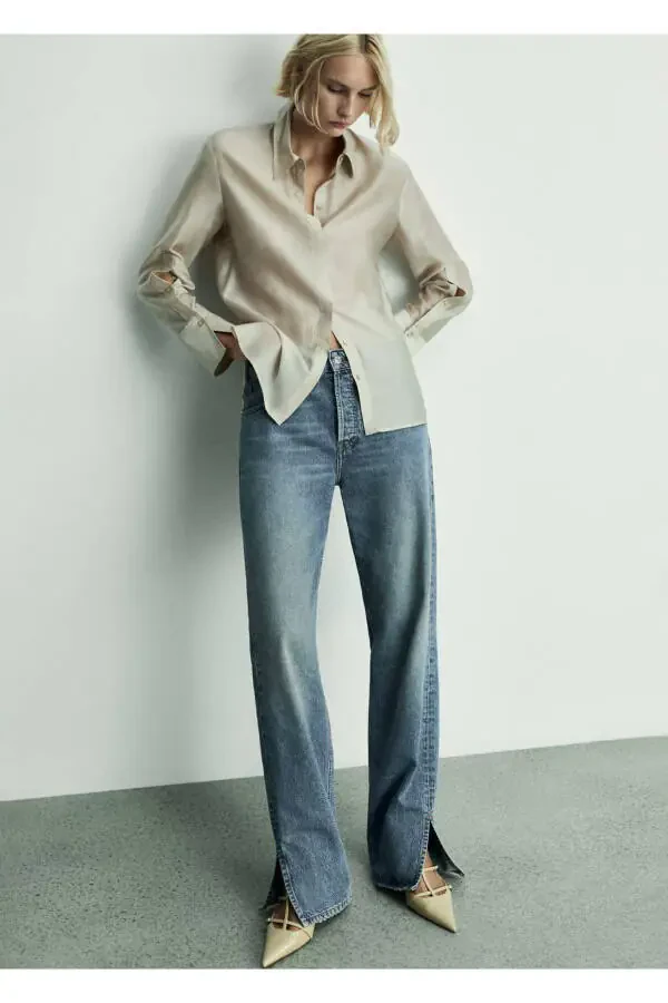 Джинсы с прямыми штанинами, средней посадкой и потёртостями - 7