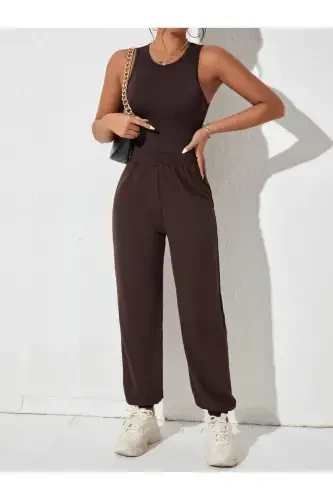 Джоггеры - Коричневый Спортивные Штаны - Коричневый Эластичный Низ Высокая Талия Зимние-Коричневый - 1