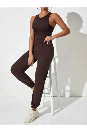 Джоггеры - Коричневый Спортивные Штаны - Коричневый Эластичный Низ Высокая Талия Зимние-Коричневый - MYTHOLOGIE (1)