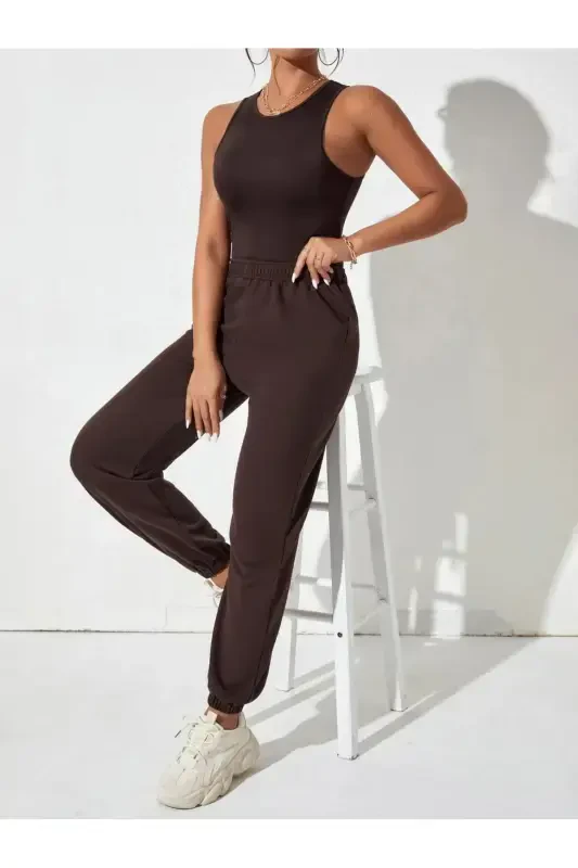 Джоггеры - Коричневый Спортивные Штаны - Коричневый Эластичный Низ Высокая Талия Зимние-Коричневый - 2